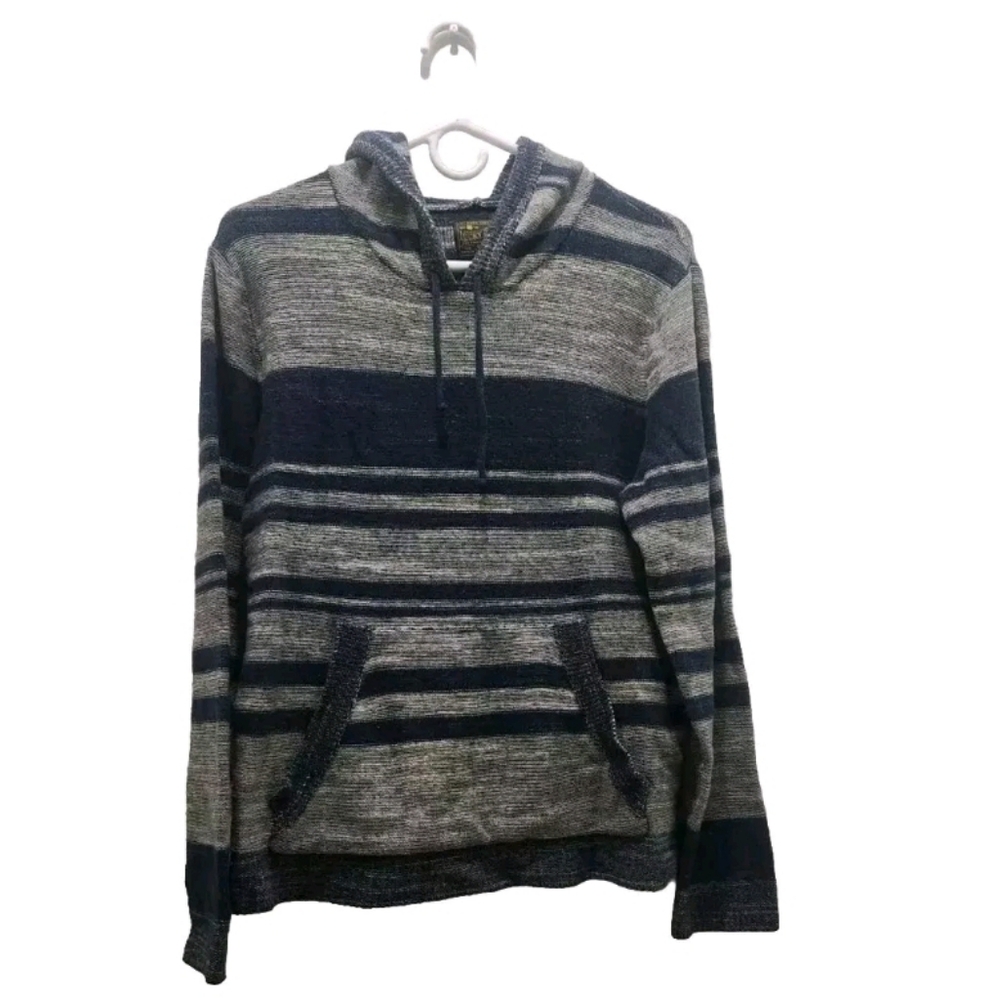 LUCKY BRAND Shirt Long Sleeve Hooded Blue Striped Pouch Pockets Size Med…